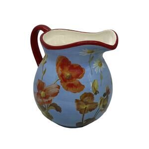Harry & David Ceramic Floral 7” Pitcher Light Blue Background Red Handle & Rim